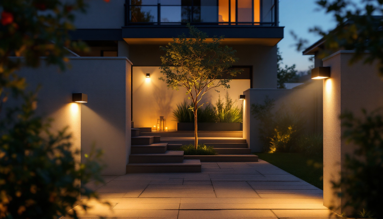 A photograph of a modern outdoor space illuminated by sleek flood lights with motion sensors
