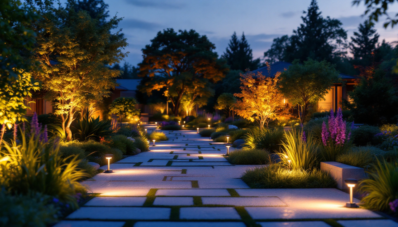 A photograph of a beautifully illuminated garden at dusk