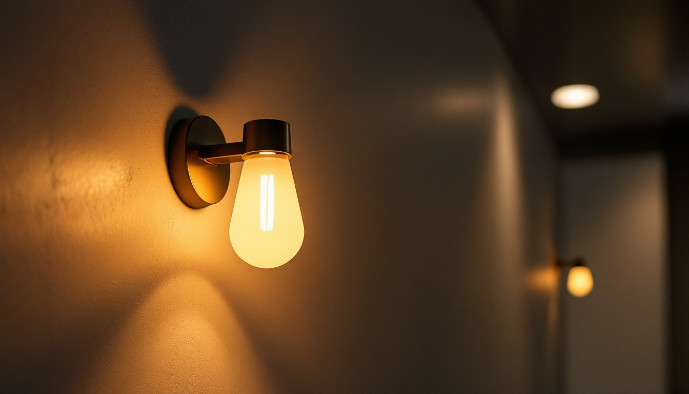 A photograph of a stylish small hallway light fixture in a dimly lit corridor