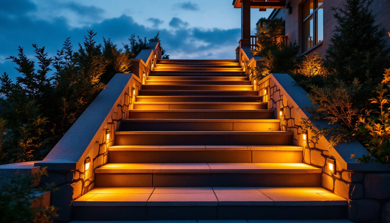 A photograph of a beautifully illuminated outdoor staircase at dusk