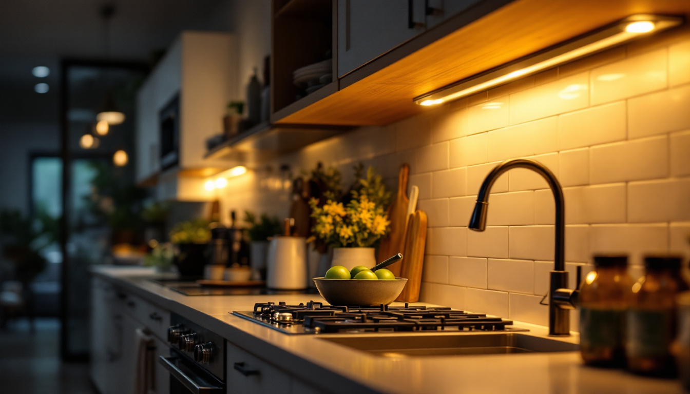 A photograph of a stylish kitchen with under cabinet light bulbs illuminating the countertop