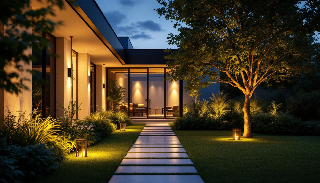 A photograph of a beautifully illuminated outdoor space showcasing contemporary landscape lighting