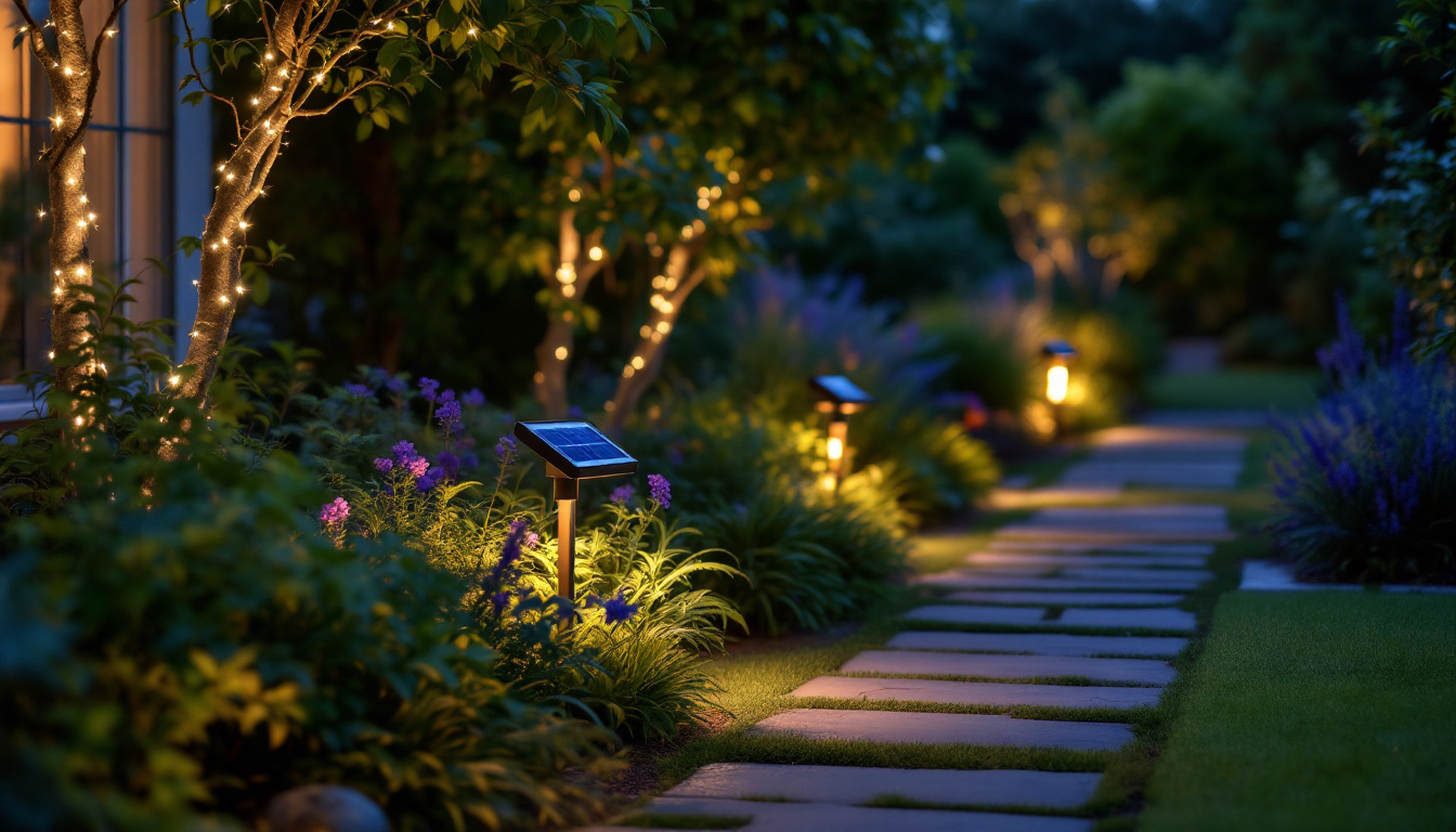 A photograph of a beautifully illuminated outdoor garden scene at dusk