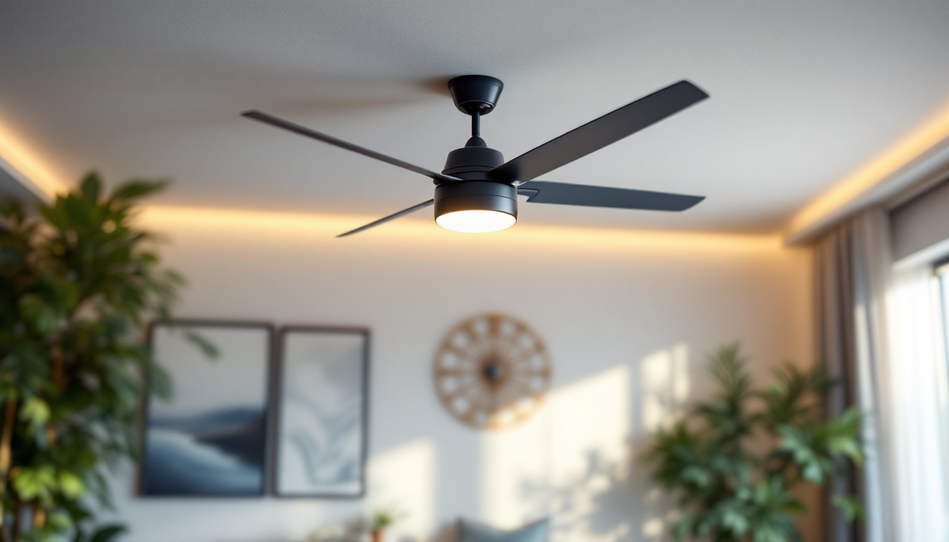 A photograph of a stylish ceiling fan in a well-lit