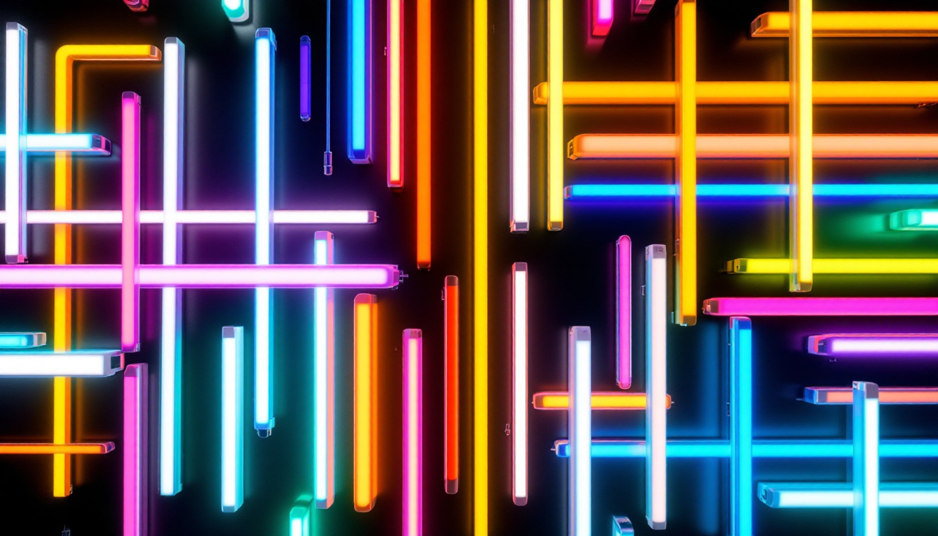 A photograph of a vibrant display of various fluorescent tubes in different lengths and colors