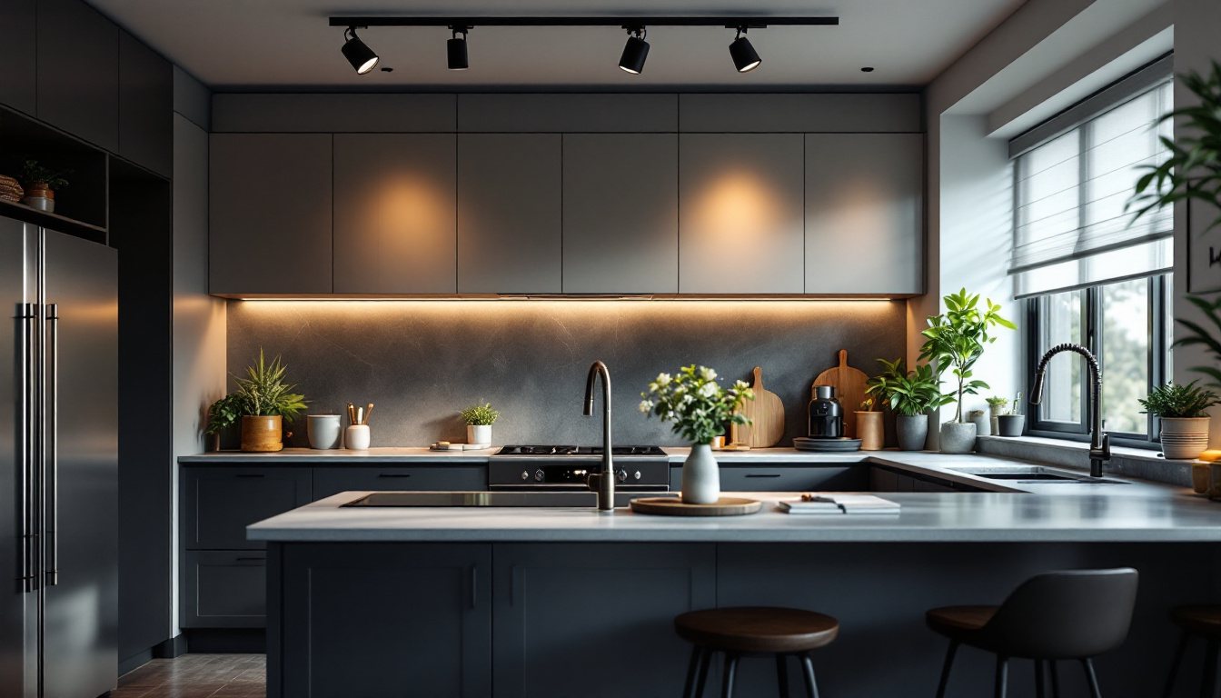 A photograph of a stylish kitchen featuring modern track lights that highlight the space's design