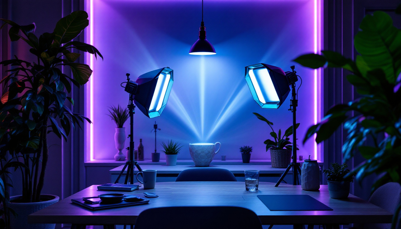 A photograph of a modern lighting setup that prominently features ultraviolet light lamps in a stylish interior