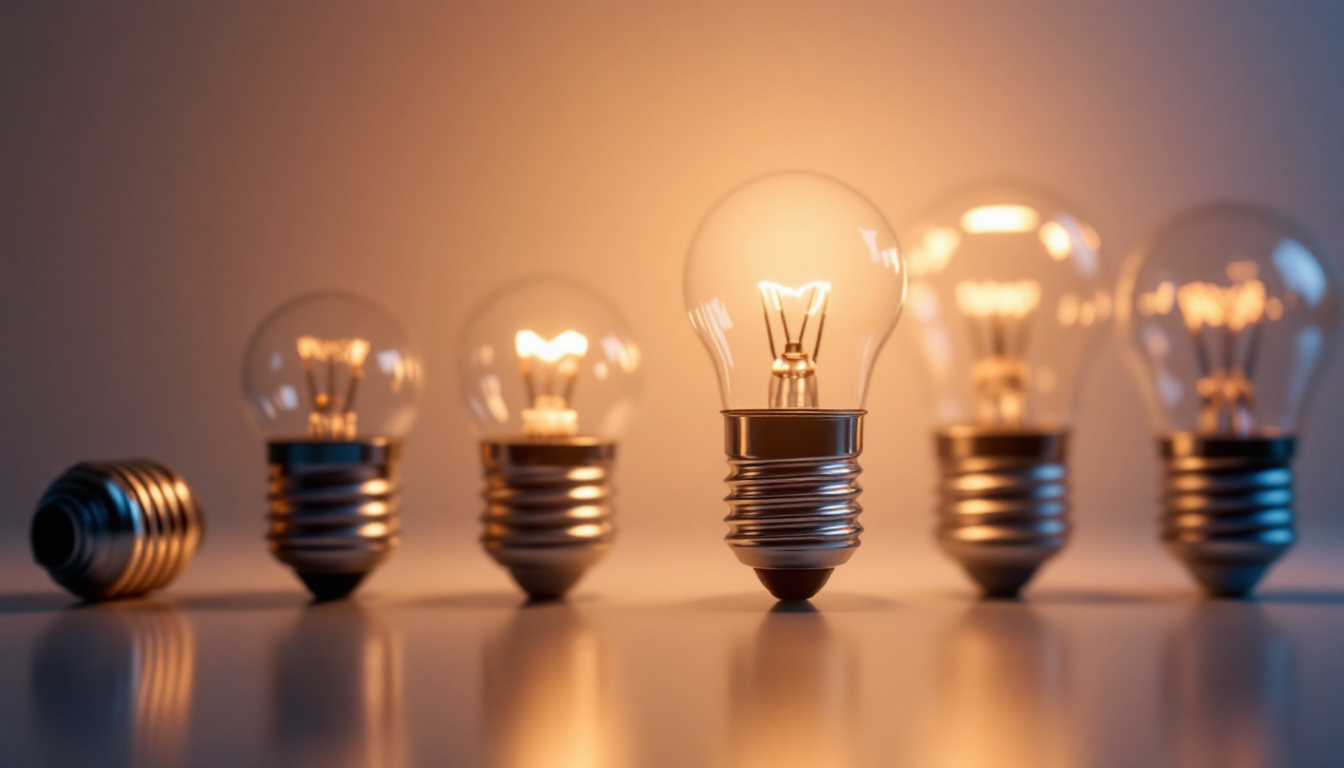 A photograph of a close-up of various light bulb bases and their corresponding sockets