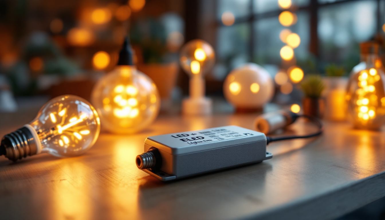 A photograph of a close-up of an led light driver alongside various energy-efficient lighting options