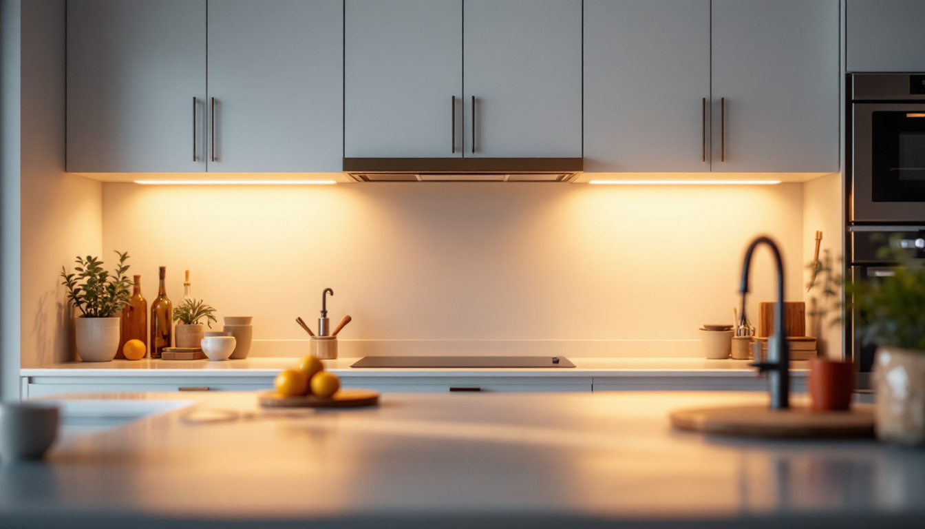 A photograph of a beautifully illuminated kitchen showcasing under cabinet lighting