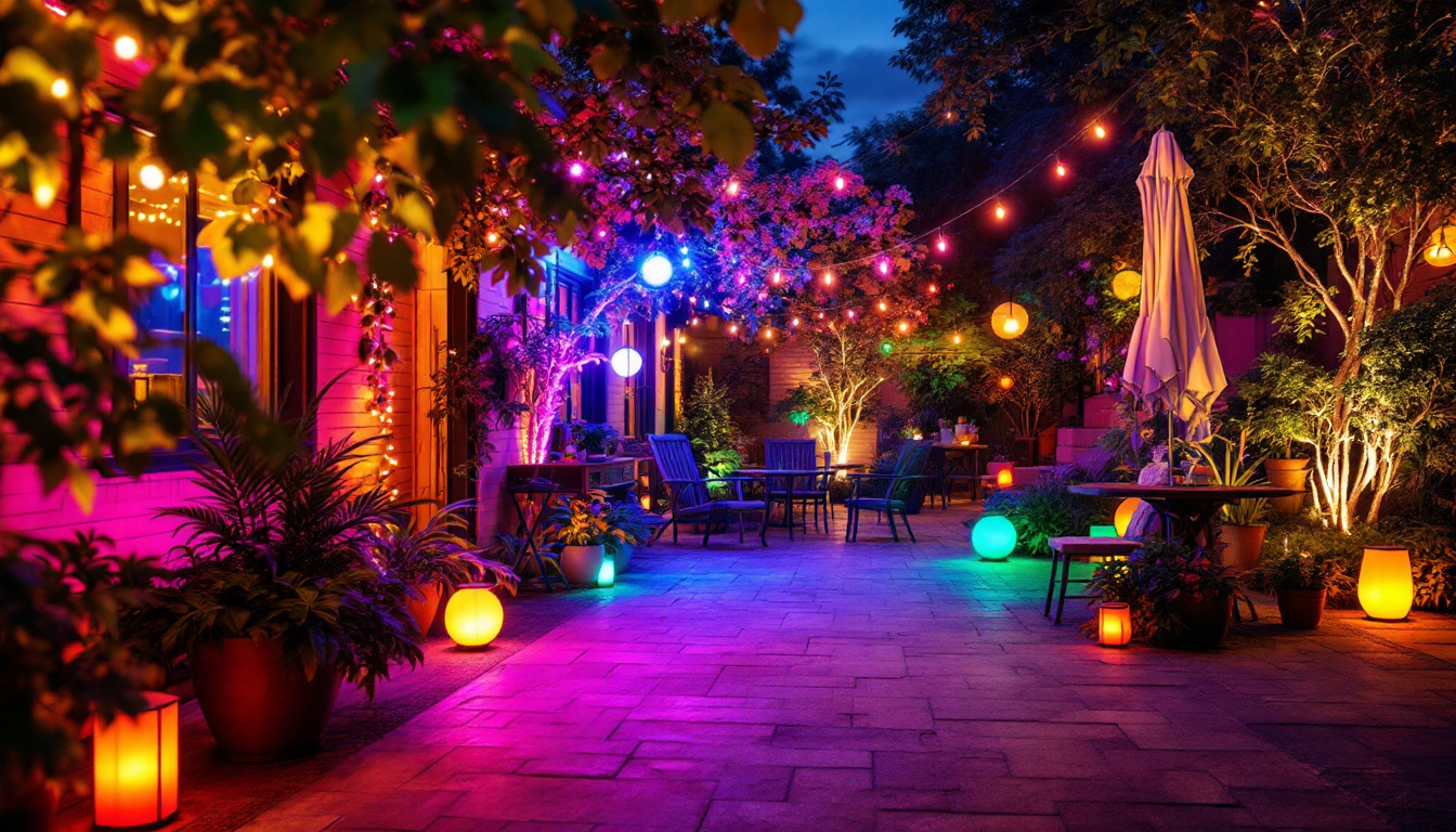 A photograph of a vibrant outdoor scene illuminated by a variety of colored energy-efficient lights