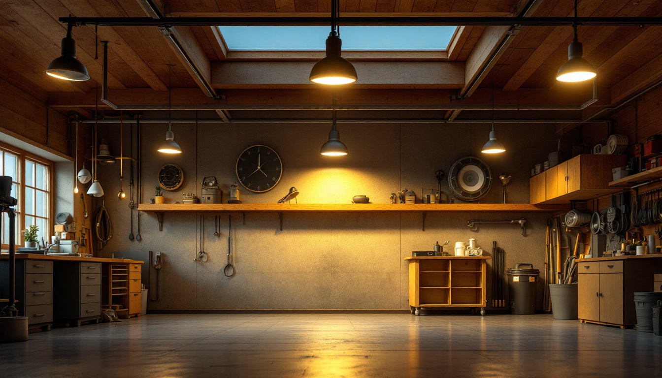 A photograph of a well-lit garage showcasing various types of lighting fixtures