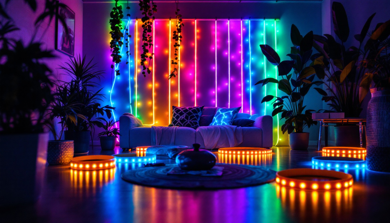 A photograph of a beautifully arranged led tape strip light installation in a dimly lit space