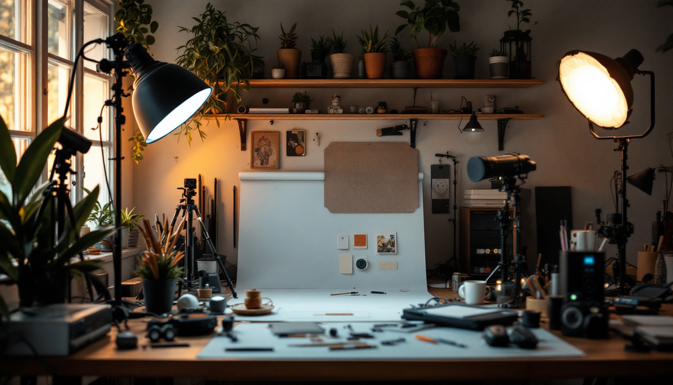 A photograph of a well-lit creative workspace showcasing various types of artist lighting equipment in use