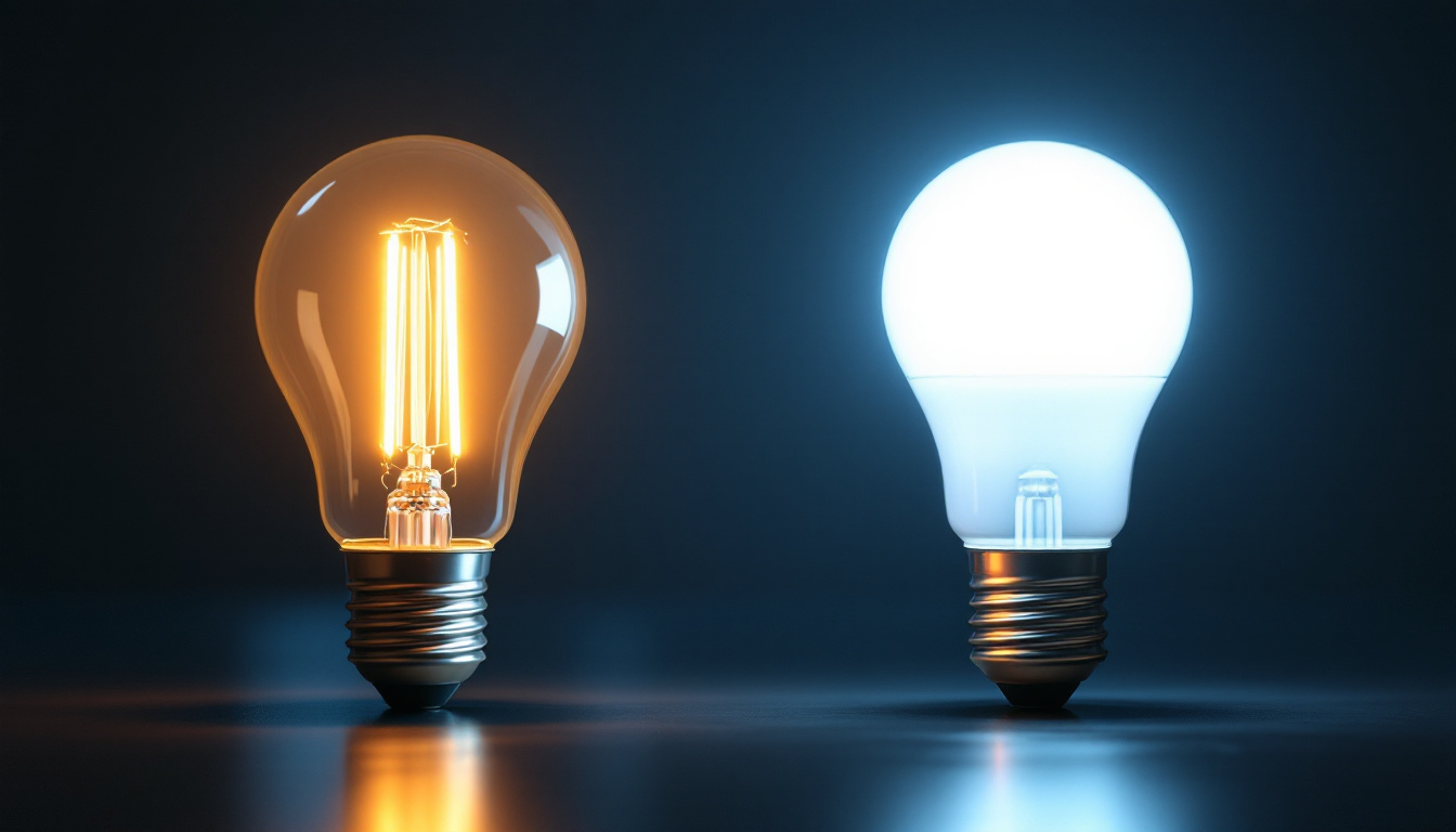 A photograph of a side-by-side comparison of led and fluorescent light bulbs in a well-lit setting