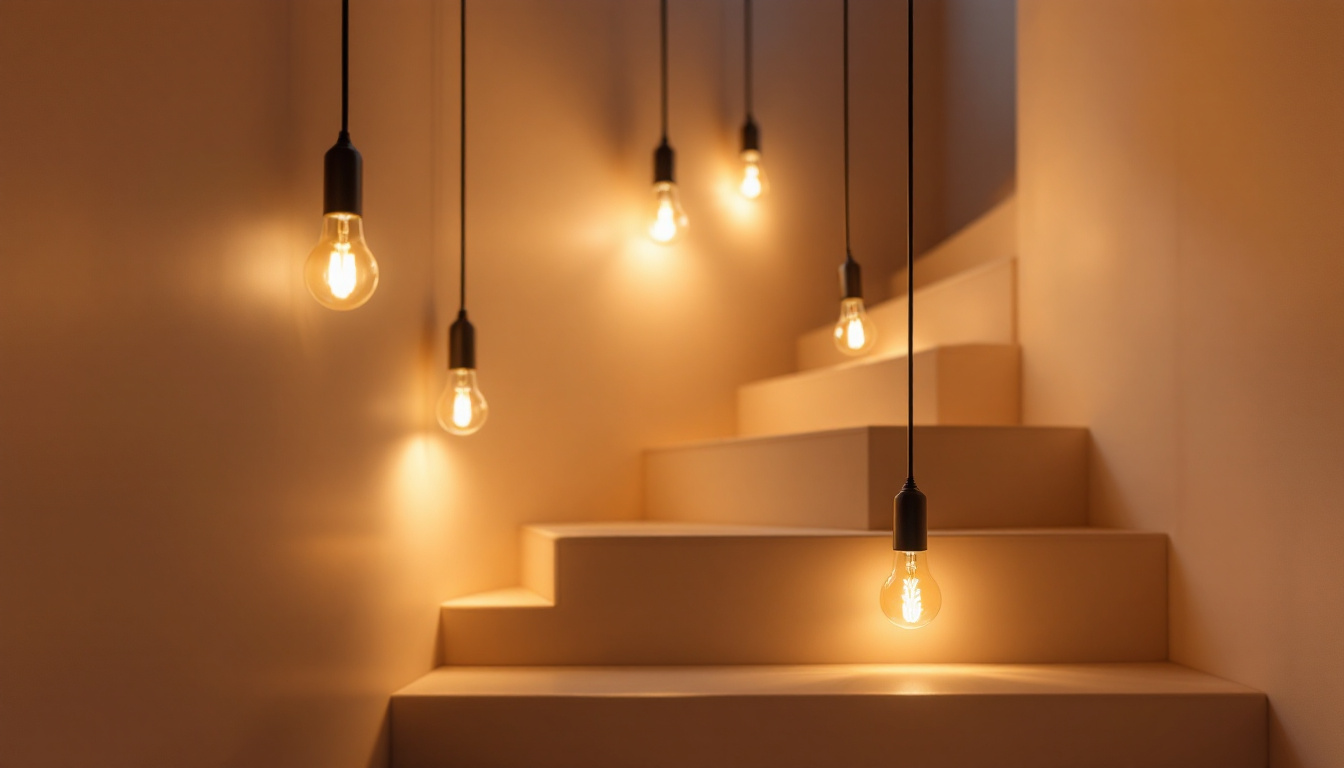 A photograph of a beautifully designed staircase illuminated by stylish and modern staircase light bulbs