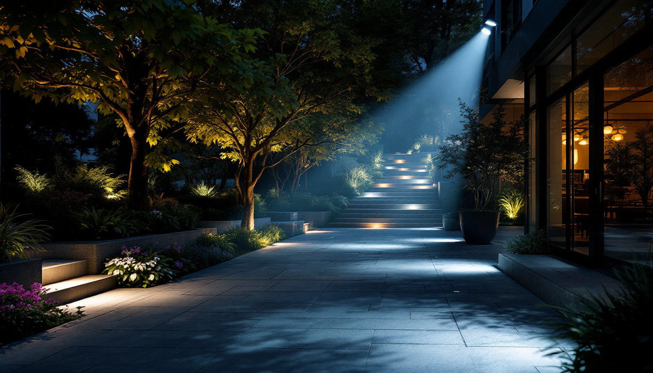 A photograph of a beautifully illuminated outdoor space showcasing various types of flood lighting in action