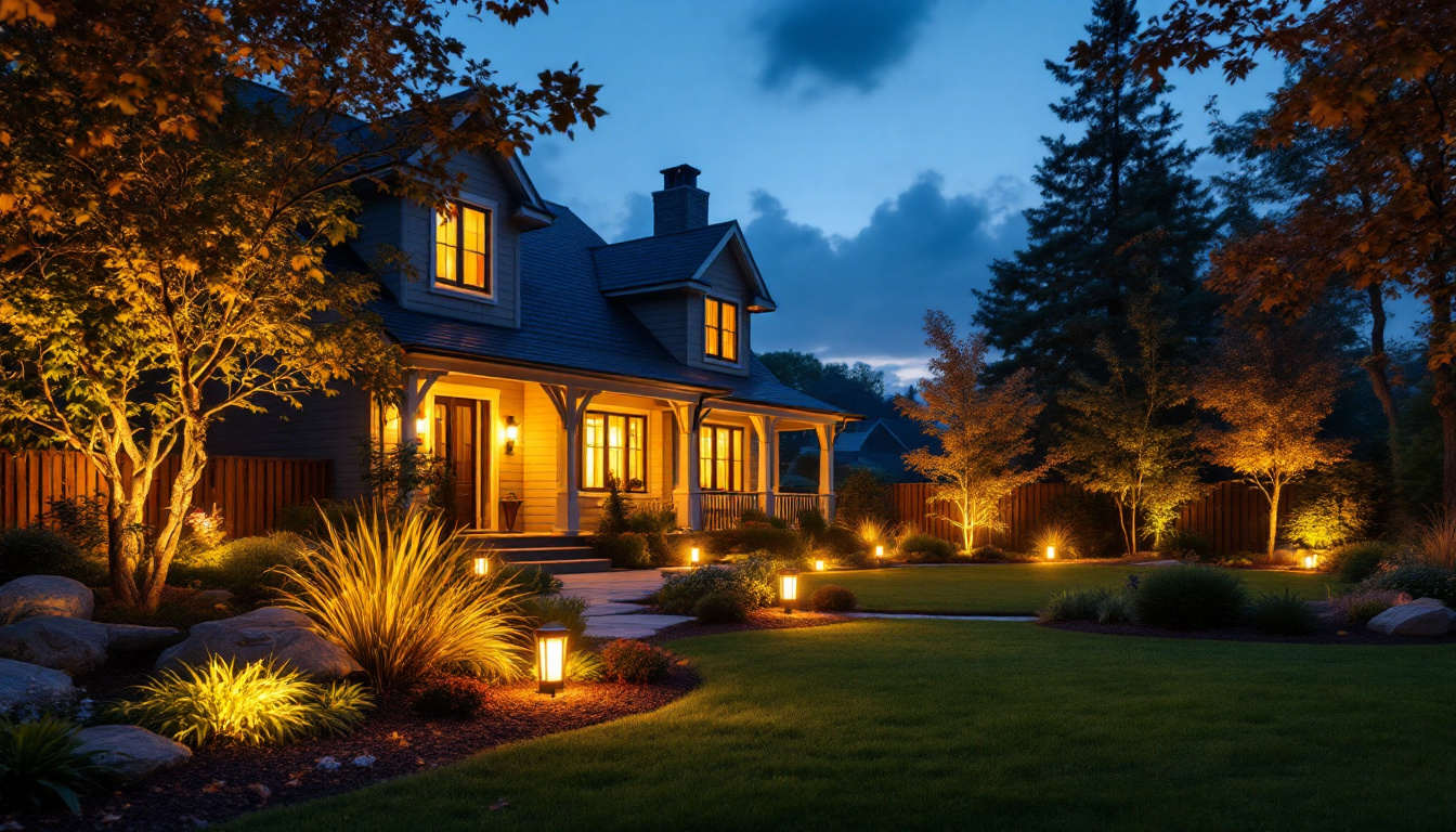 A photograph of a beautifully illuminated yard at dusk