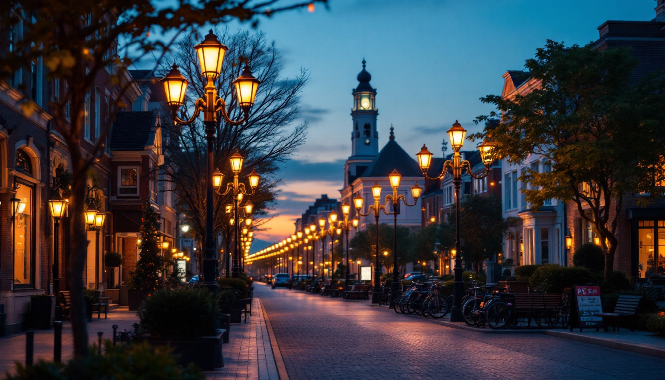 A photograph of a beautifully illuminated street lined with stylish lamp street lights
