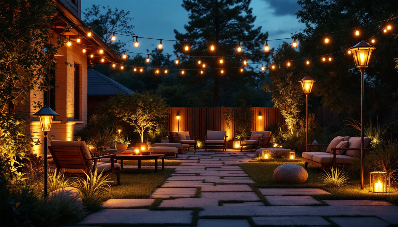 A photograph of a beautifully lit outdoor space featuring various styles of solar lighting