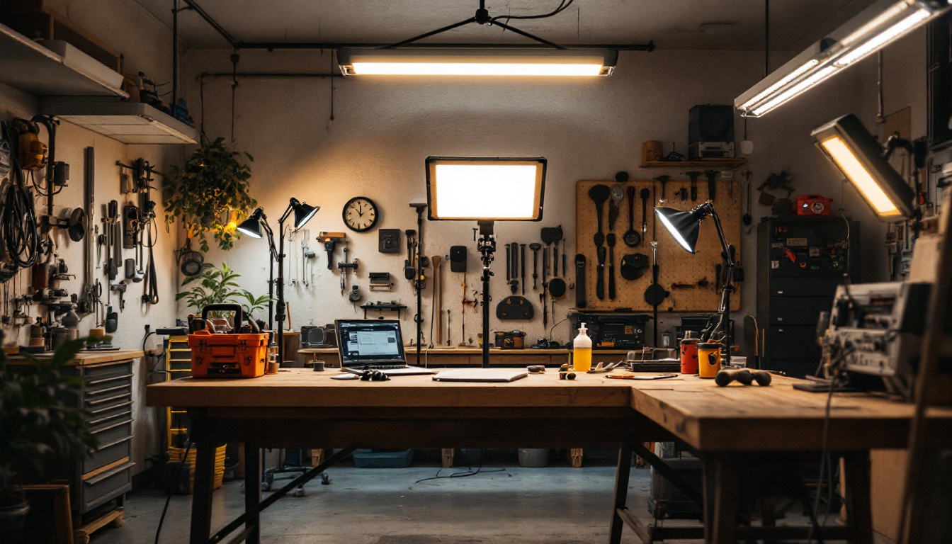 A photograph of a well-lit garage workspace featuring various garage shop lights in use