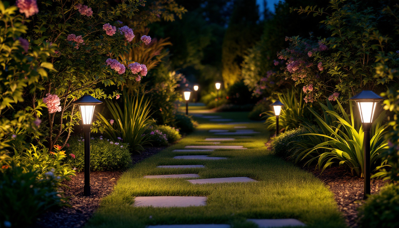 A photograph of a beautifully illuminated garden or pathway featuring various styles of solar landscape lights in use at dusk