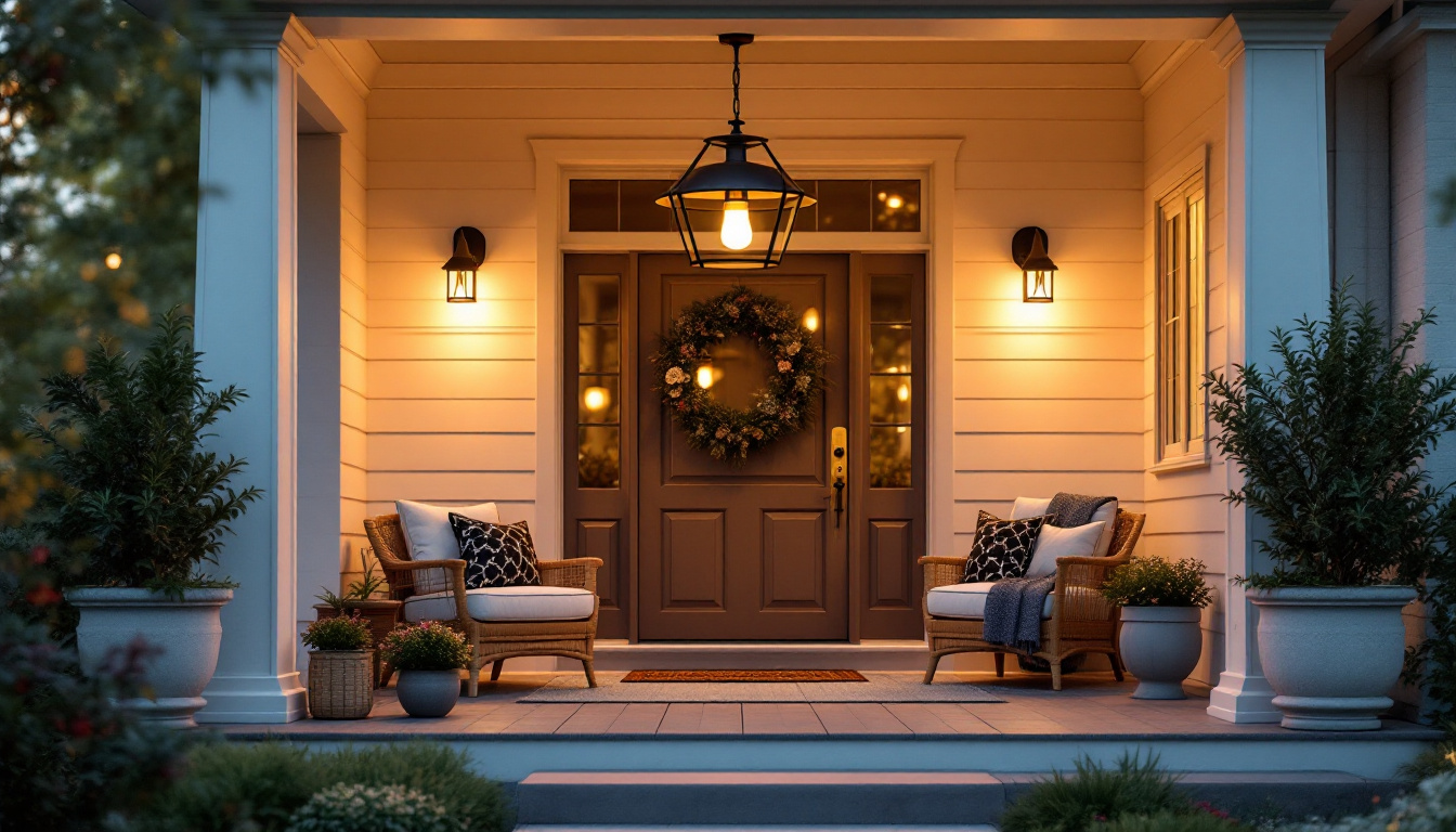 A photograph of a beautifully styled front porch featuring a striking hanging light fixture