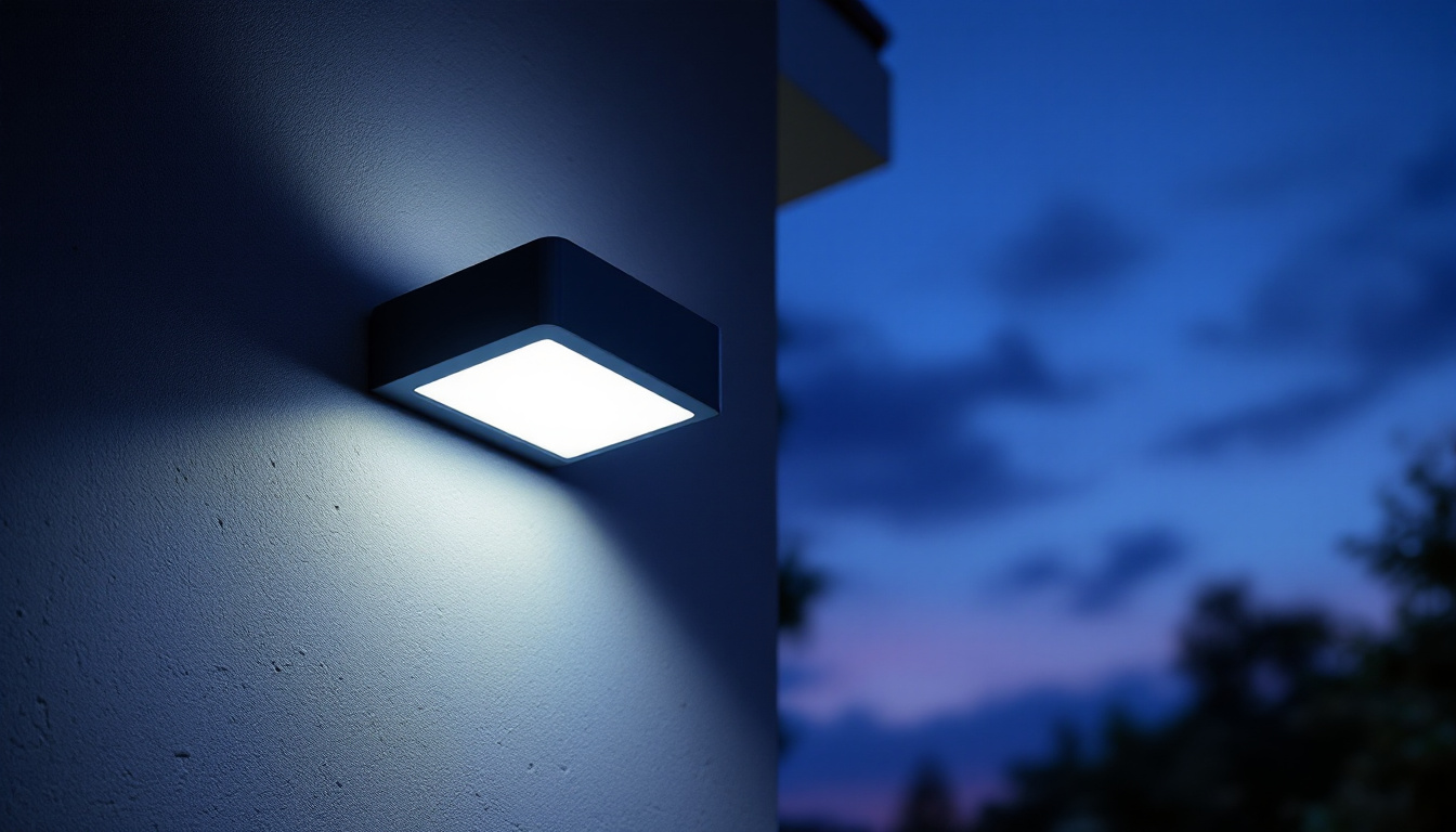 A photograph of a rab wall pack light installed in an outdoor setting during dusk
