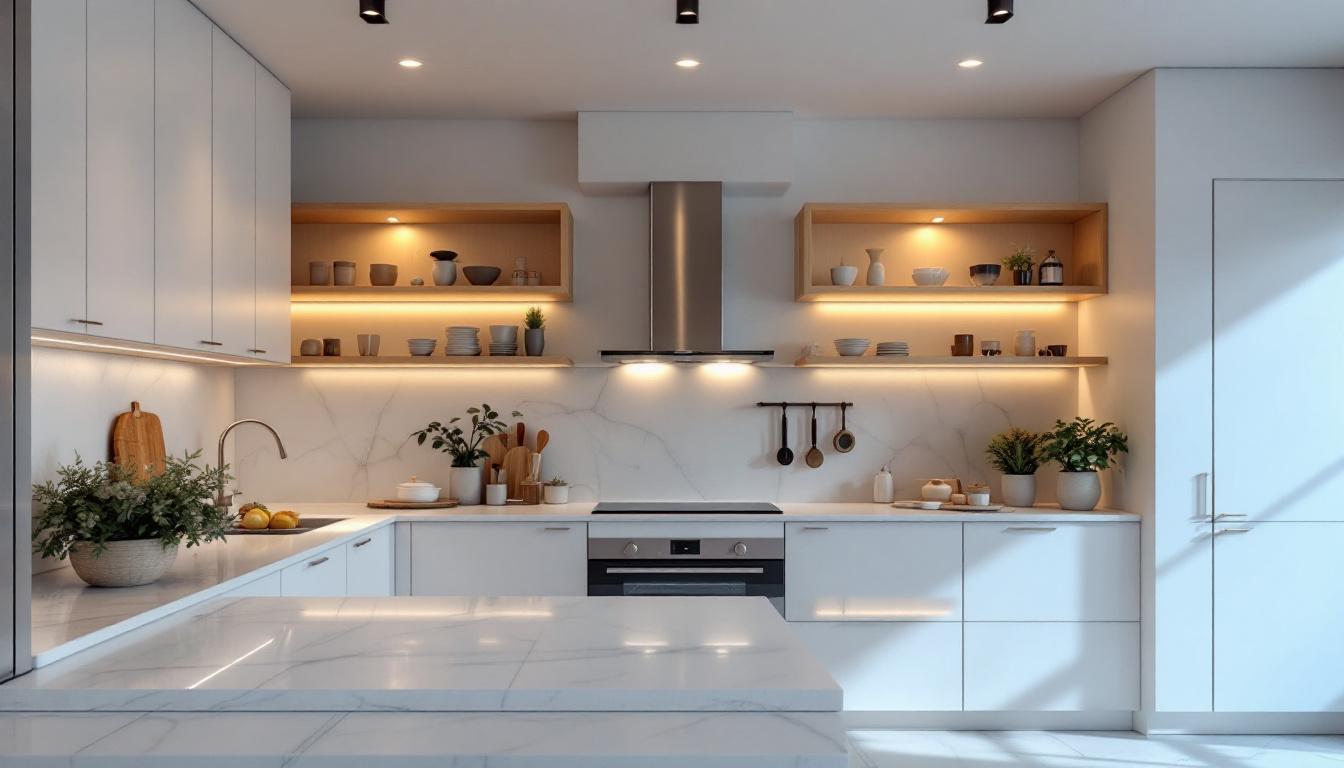 A photograph of a beautifully designed kitchen featuring various styles of recessed lighting