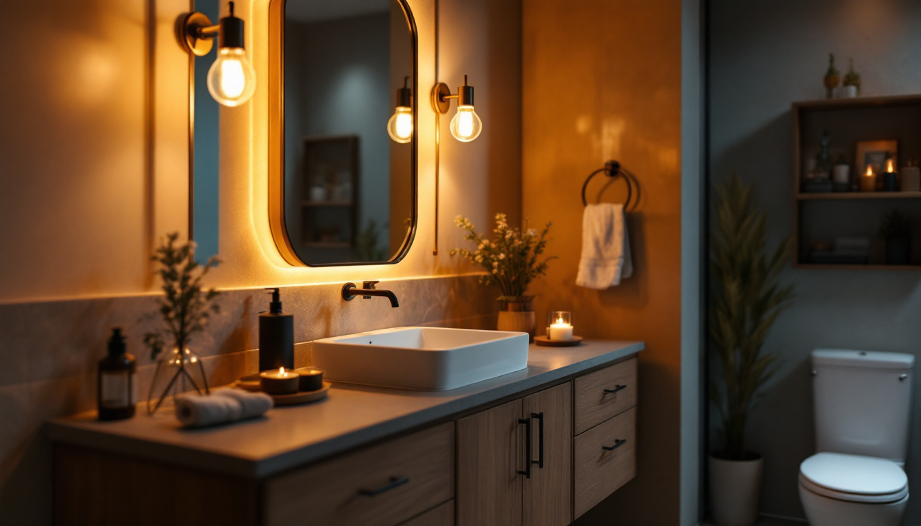 A photograph of a beautifully styled bathroom featuring a modern vanity illuminated by elegant vanity bulbs