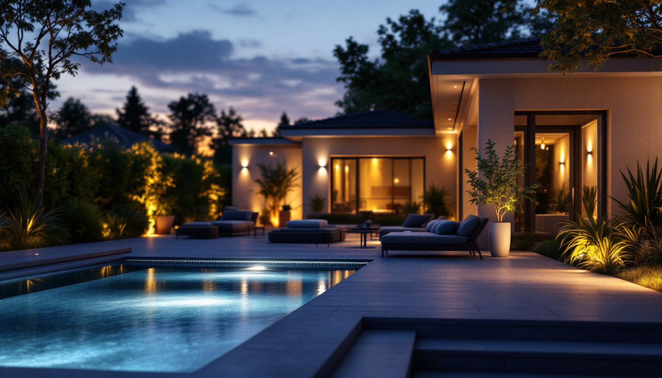 A photograph of a beautifully illuminated outdoor space featuring dusk to dawn lights in action
