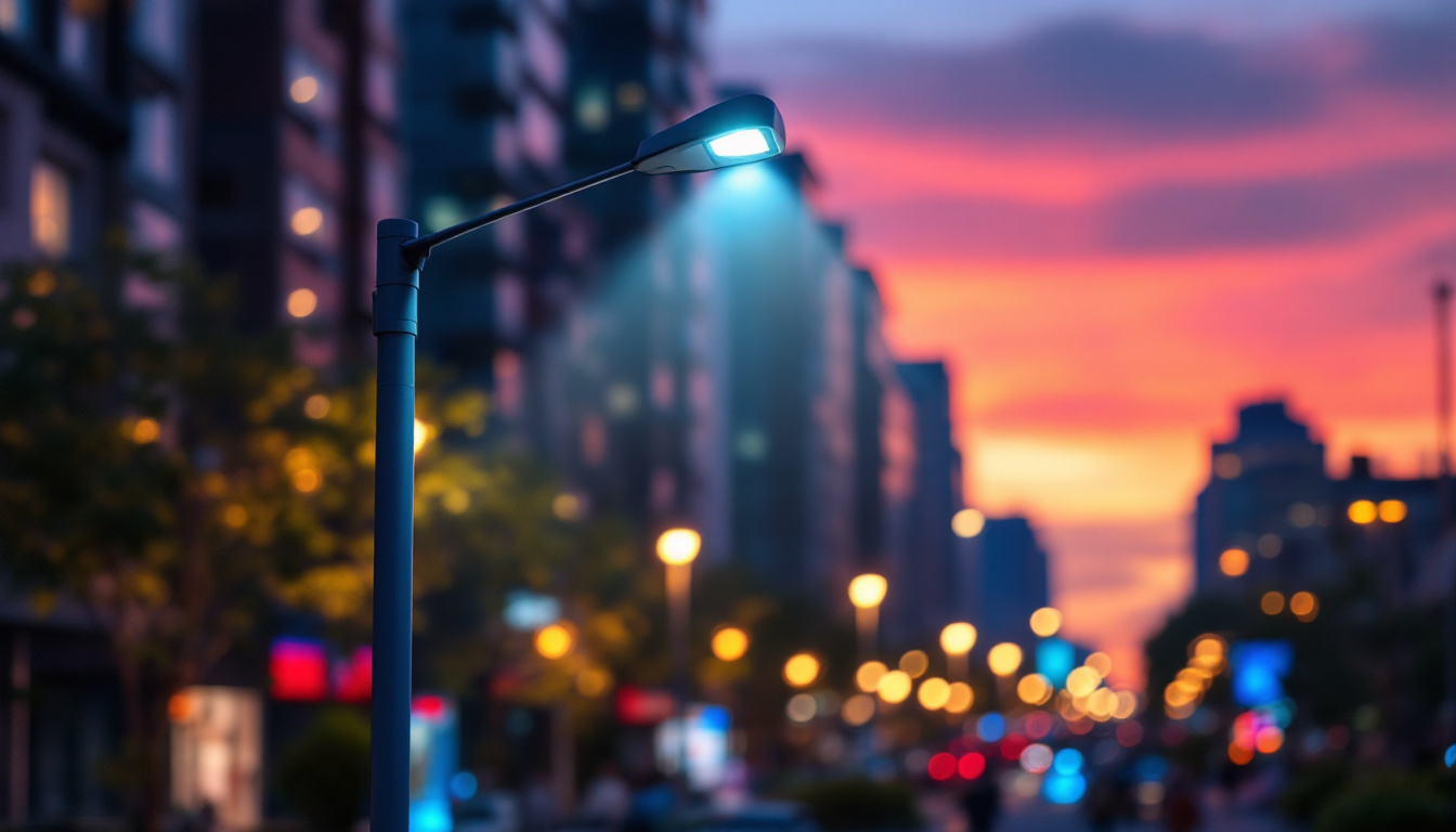 A photograph of a modern light pole equipped with energy-efficient led lights illuminating a vibrant urban street at dusk
