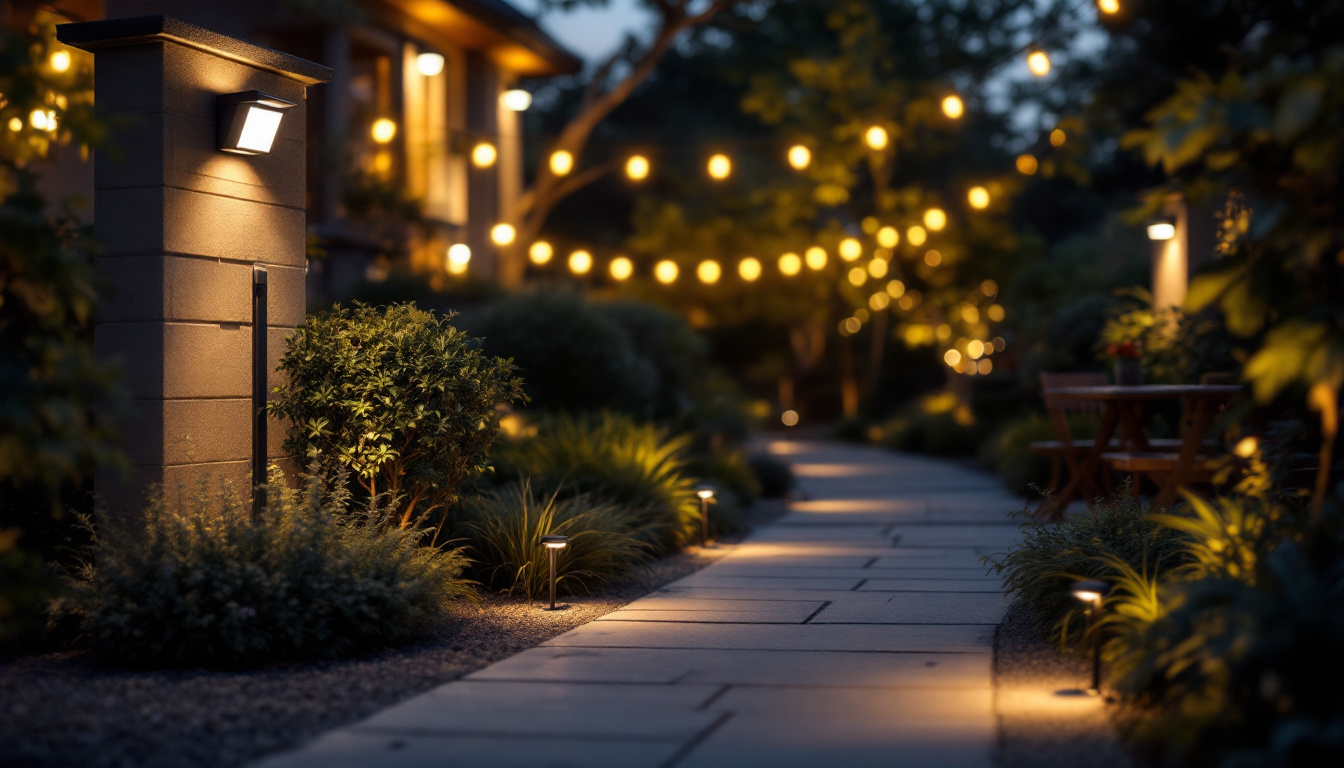 A photograph of a well-lit outdoor setting showcasing various motion sensor lights in action