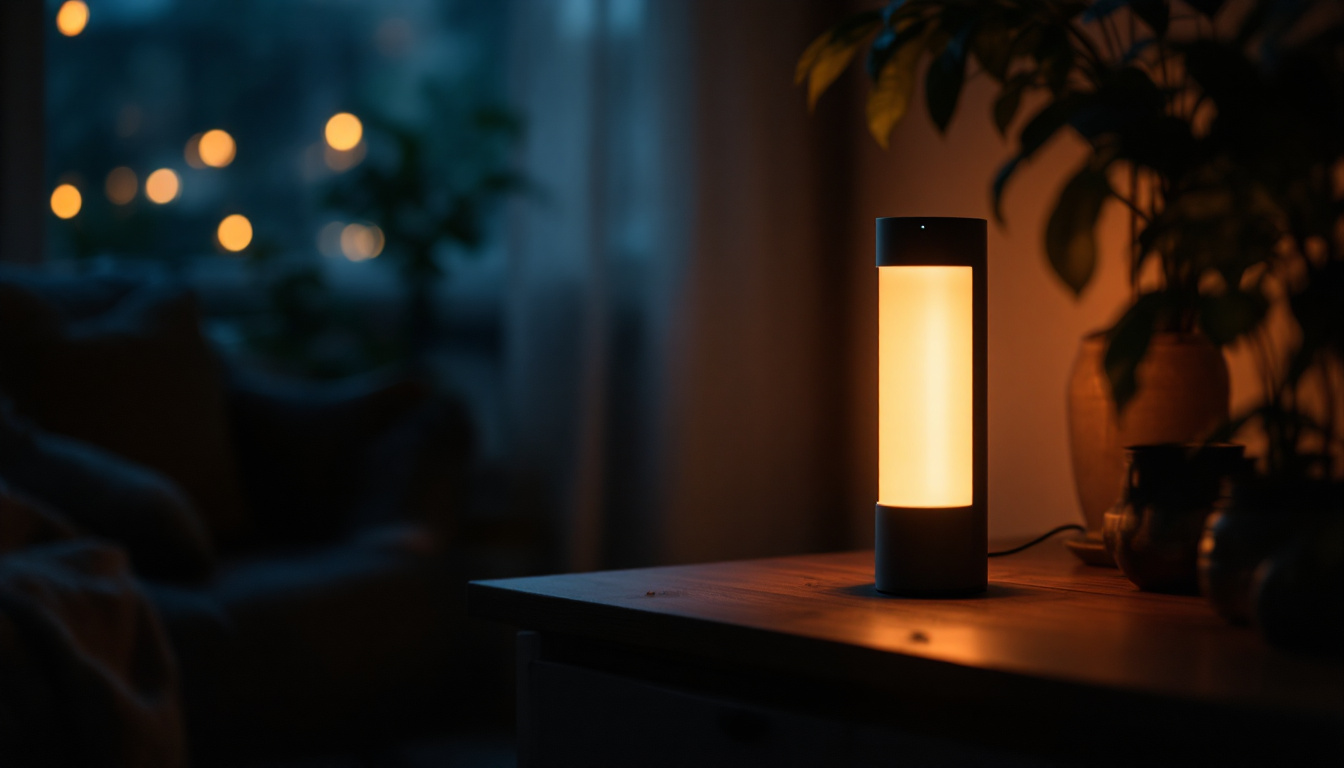 A photograph of a stylish and modern battery emergency lamp in a dimly lit setting