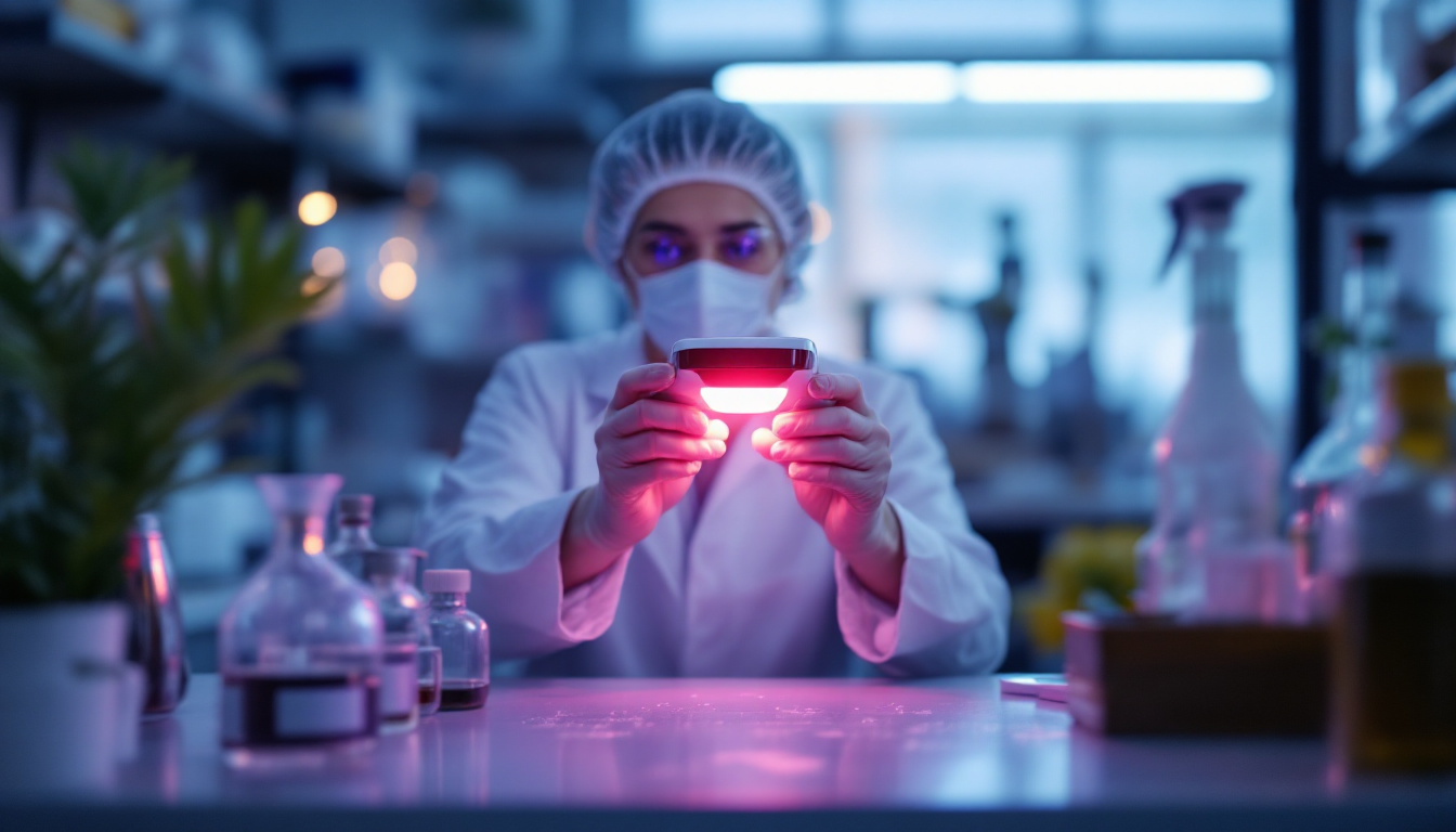 A photograph of a laboratory setting where a researcher is demonstrating the use of a uvc light device