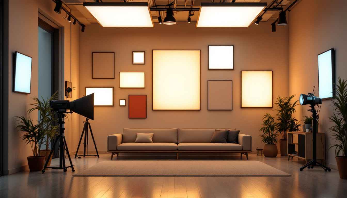 A photograph of a well-lit interior space showcasing various lighting panels in use