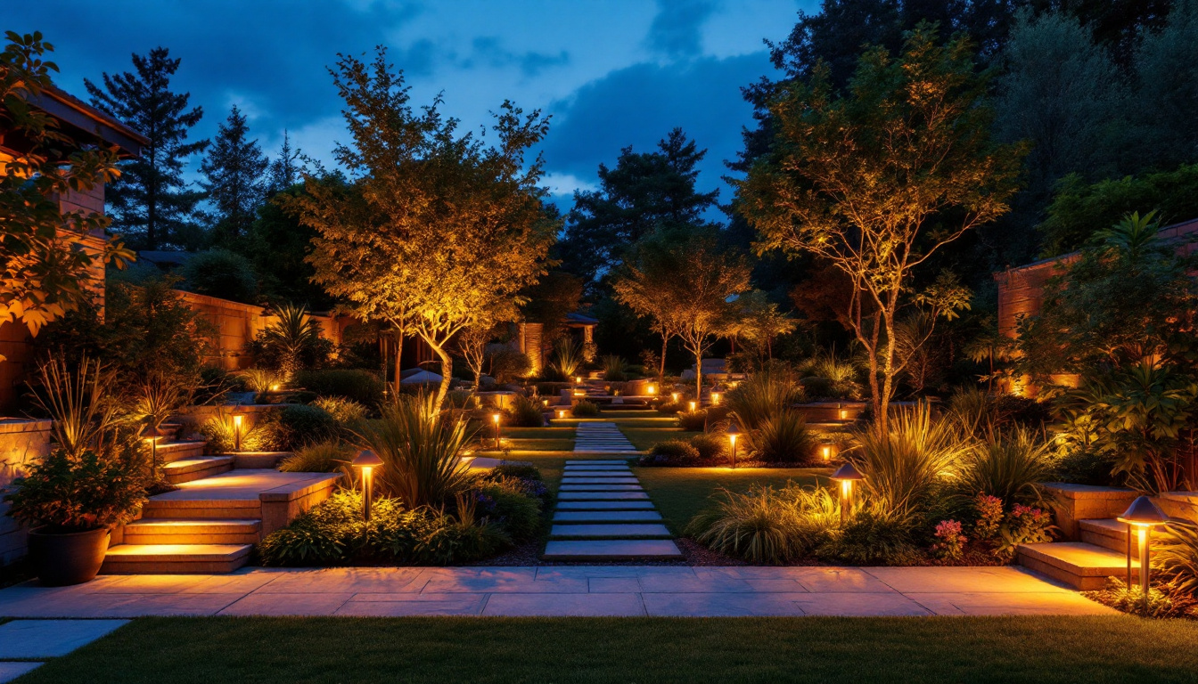 A photograph of a beautifully landscaped outdoor space illuminated by various styles of led lights