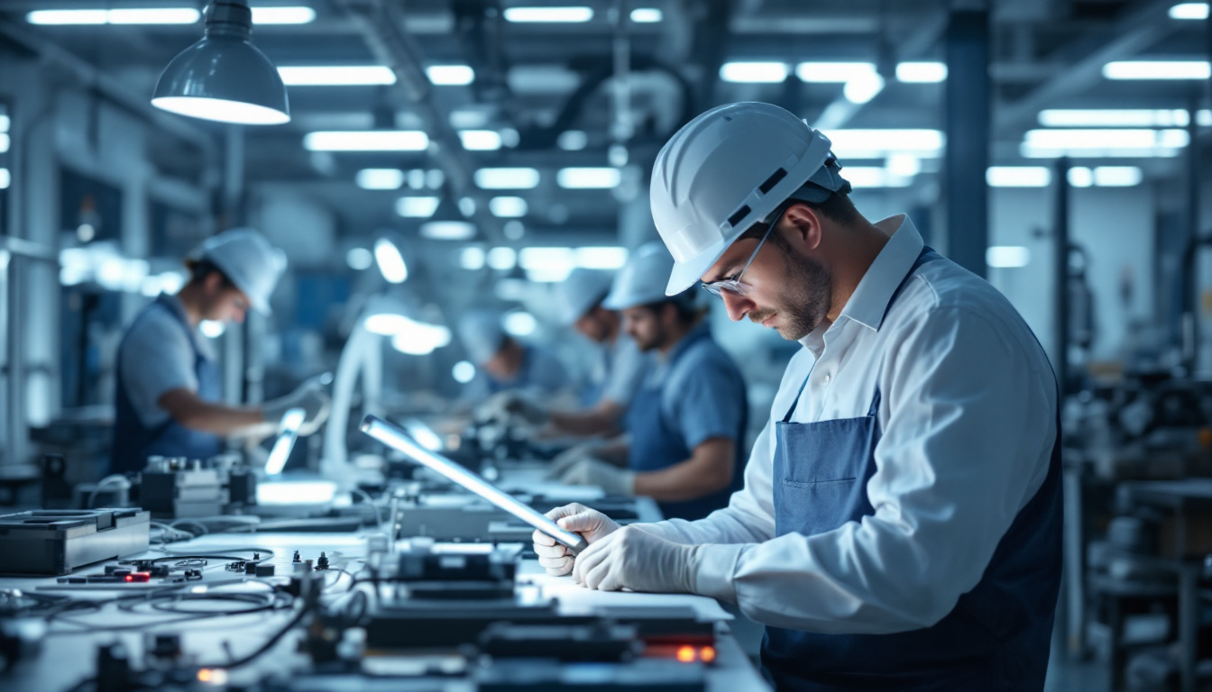 A photograph of a modern light manufacturing facility showcasing skilled workers assembling innovative lighting systems