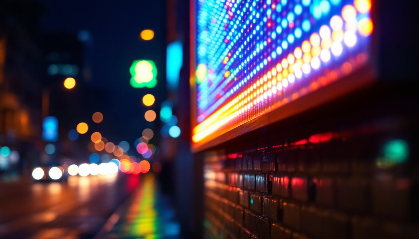 A photograph of a vibrant led sign illuminating a dark urban street at night