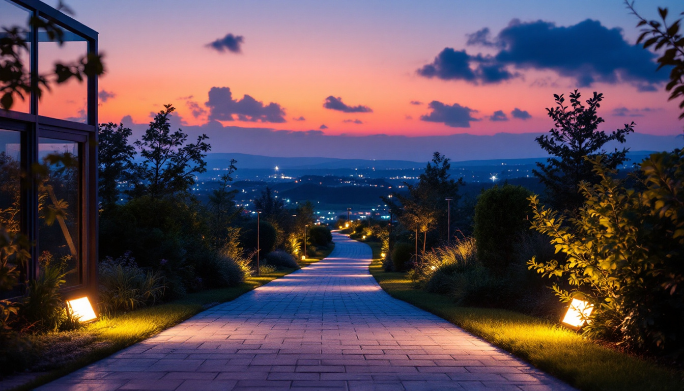A photograph of a vibrant outdoor scene illuminated by led flood lights at dusk