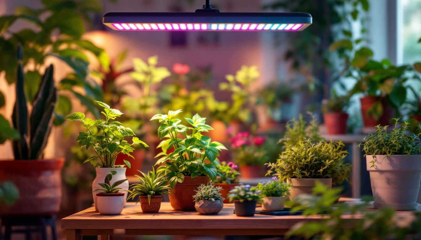 A photograph of a vibrant indoor garden illuminated by solar-powered grow lights