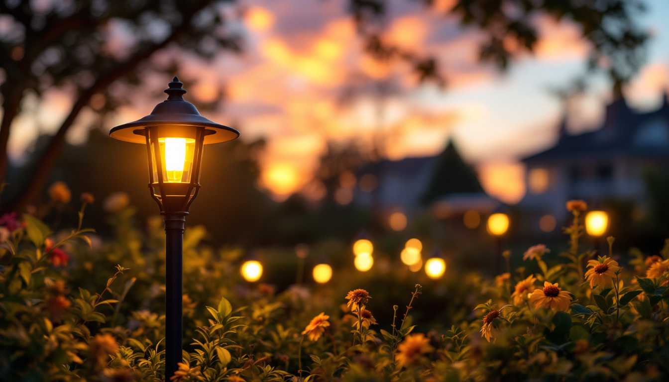 A photograph of a beautifully designed outdoor yard lamp illuminating a garden or patio at dusk