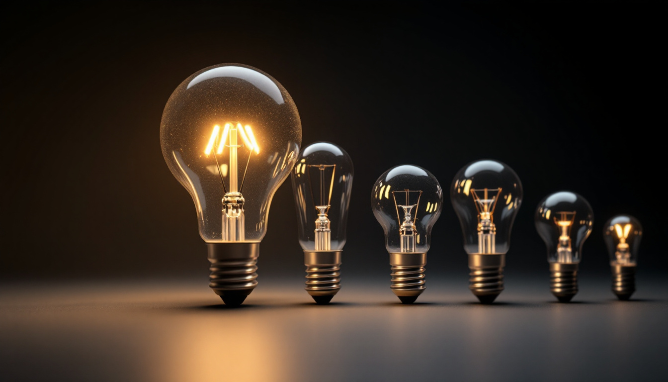 A photograph of a close-up shot of various light bulb bases alongside their corresponding bulbs
