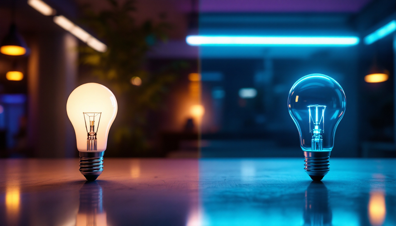 A photograph of a vibrant comparison scene showcasing led bulbs and fluorescent lights in a modern setting