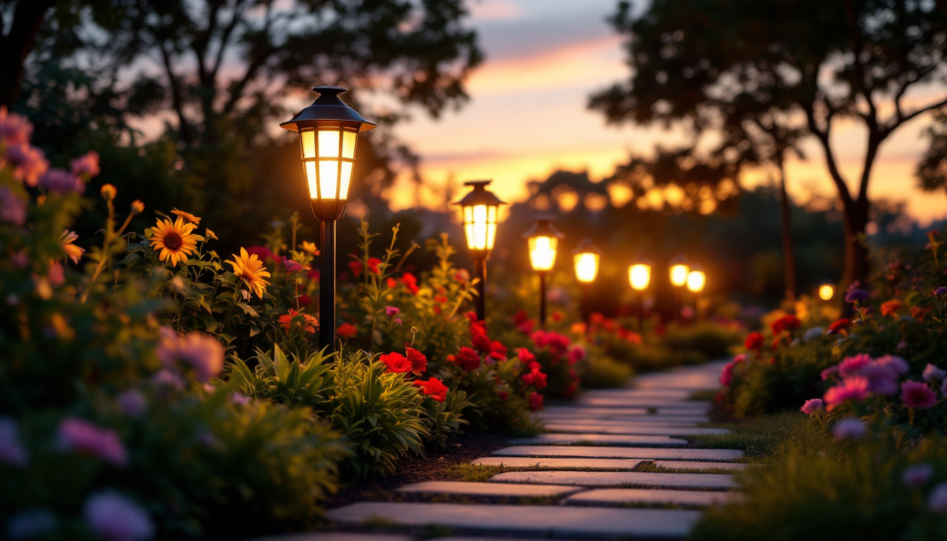 A photograph of a beautifully illuminated garden at dusk