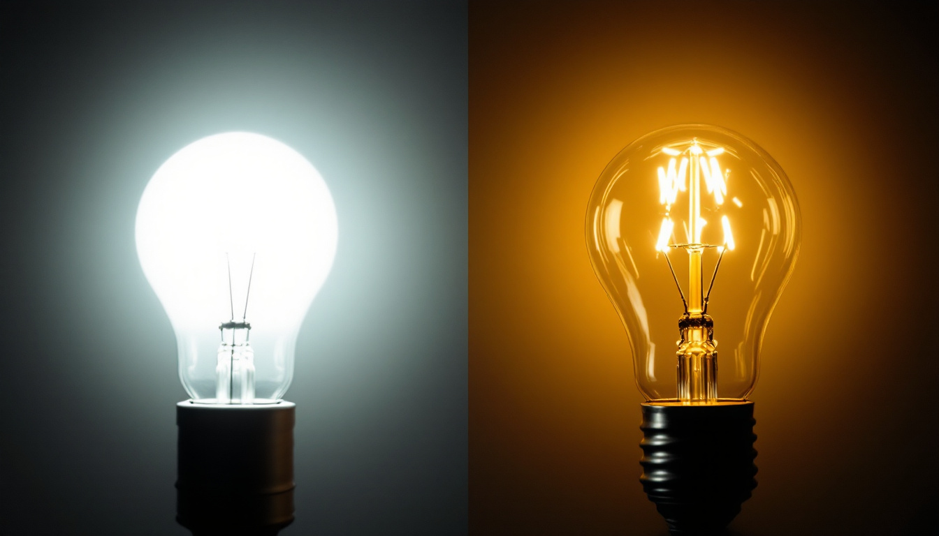 A photograph of capture a photograph of a side-by-side comparison of led and fluorescent light bulbs illuminated in a dimly lit environment