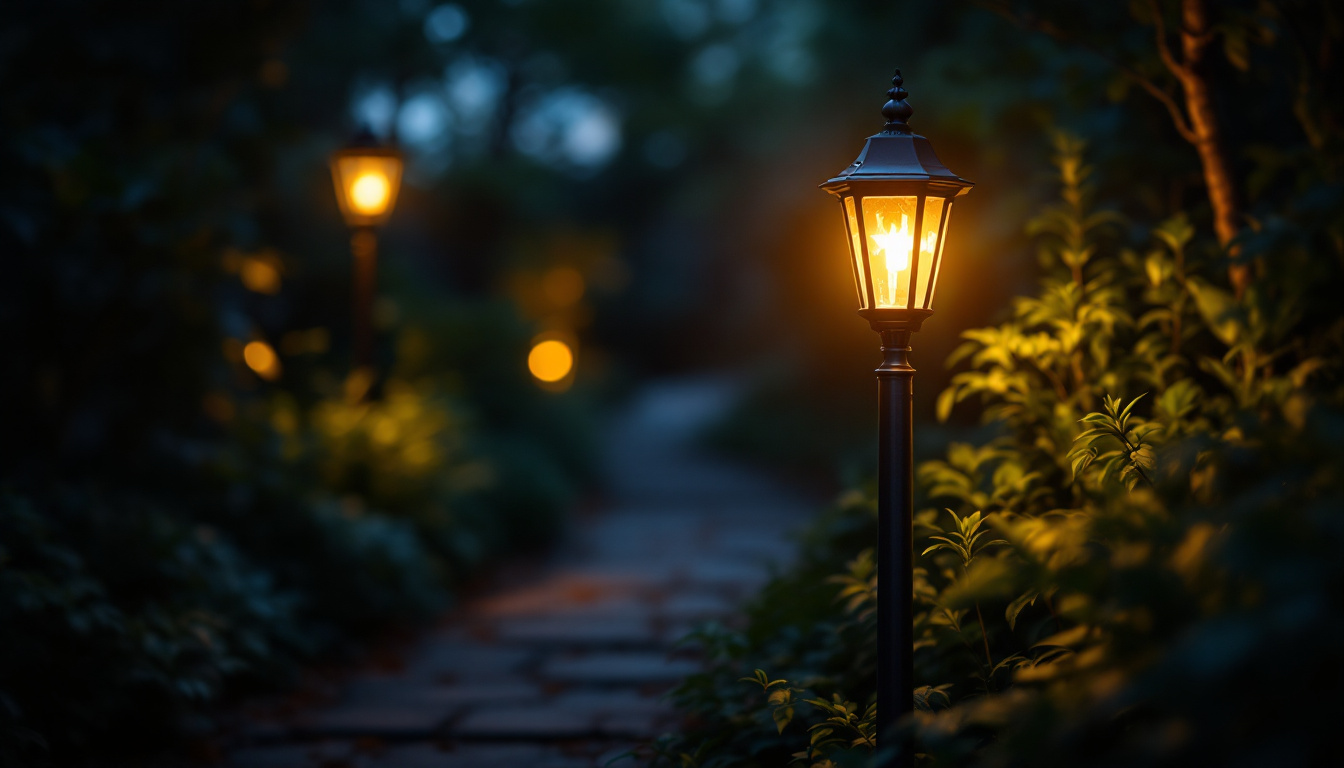 A photograph of a beautifully lit scene showcasing a post light illuminating a pathway or garden