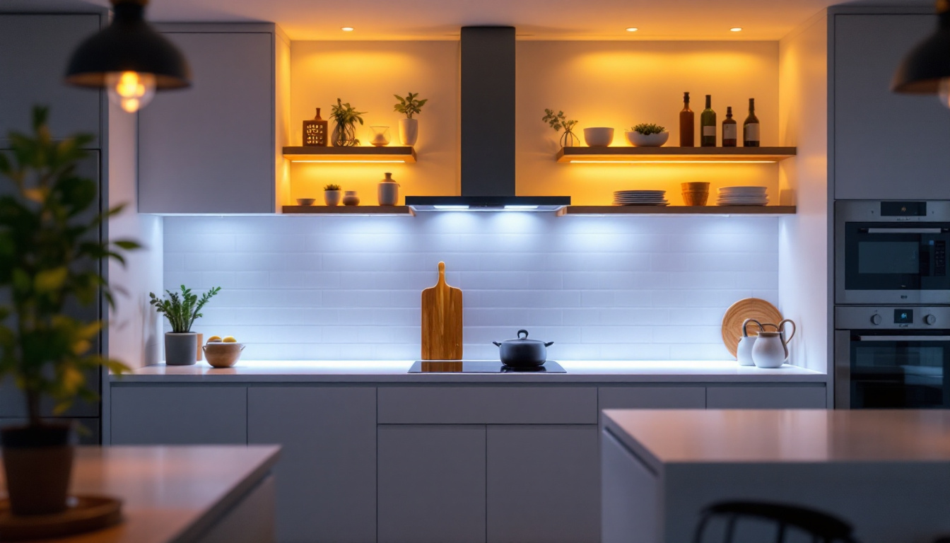 A photograph of a beautifully lit kitchen scene showcasing undercounter lighting in action