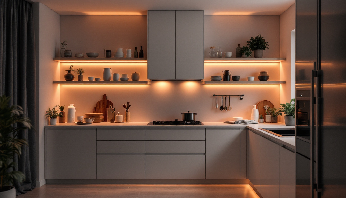 A photograph of a beautifully designed kitchen showcasing undermount lighting illuminating the cabinets