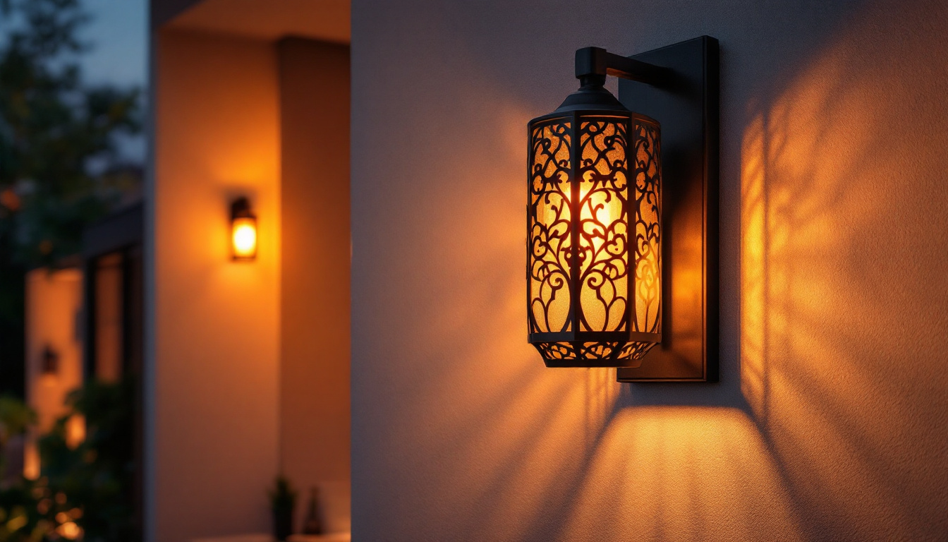 A photograph of a beautifully designed exterior wall sconce light fixture illuminated at dusk